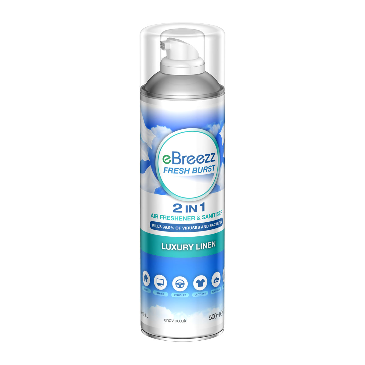 ENOV eBreezz 2 in 1 Air Freshener & Sanitiser 500ml - Luxury Linen Box of 12