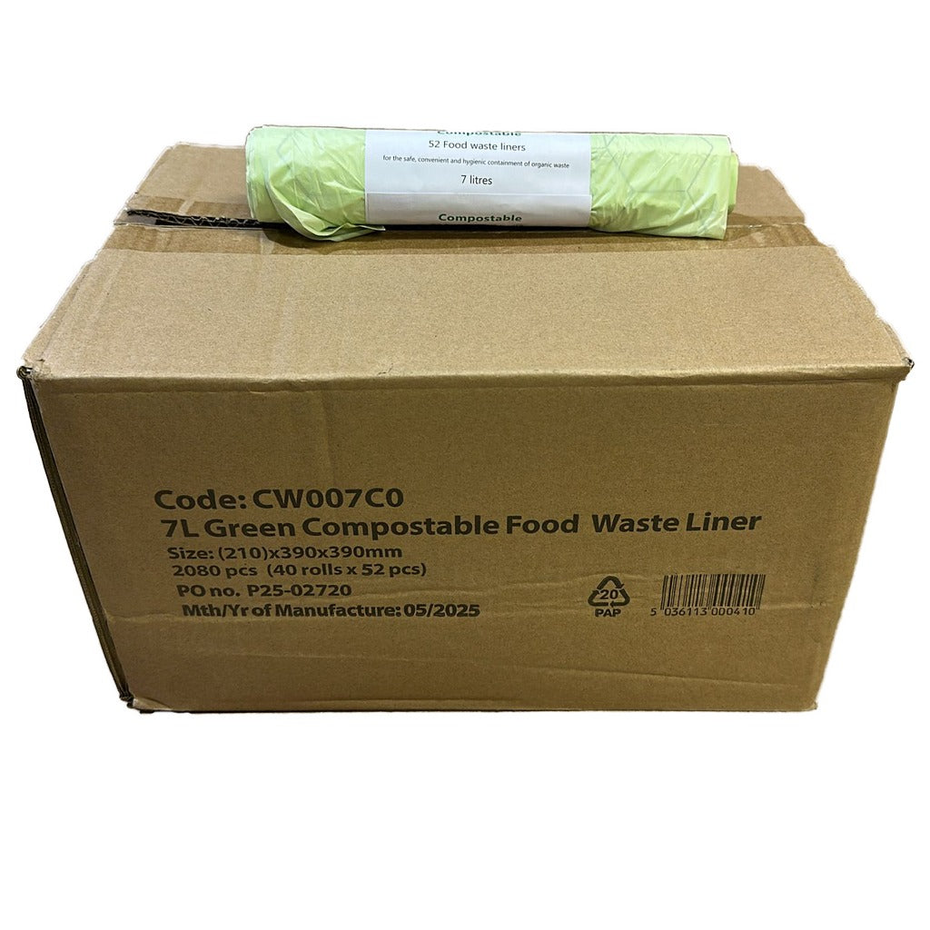 Green Compostable Food Waste Bags 7 Litre - Roll of 52 Bags / Box of 40 Rolls CW007CO