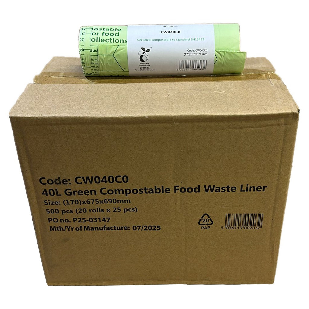 Green Compostable Food Waste Bags 40 Litre - Roll of 25 Bags / Box of 20 Rolls