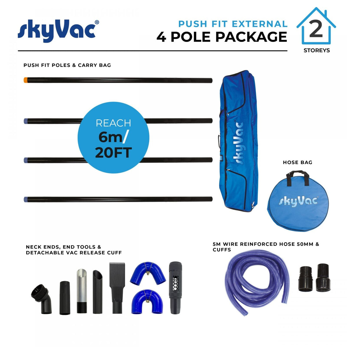 skyVac Standard Push Fit Pole Package 44mm - Gutter Cleaning Vacuum Pole System