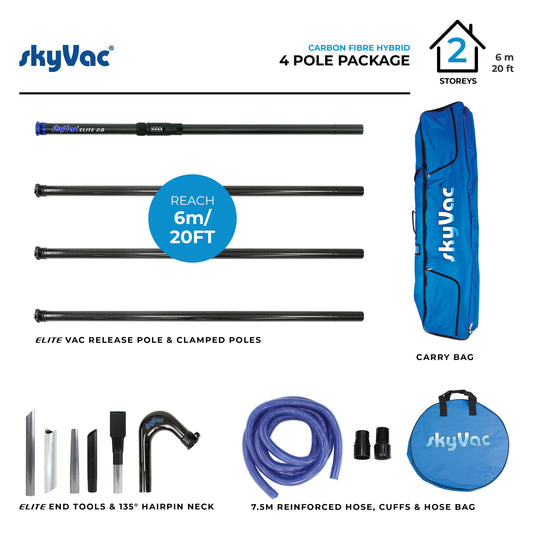 skyVac Premium Clamped Pole Package 50mm Carbon Fibre - Gutter Cleaning Vacuum Poles