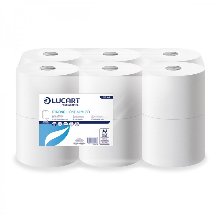 Lucart Strong L-One Mini 180 Centre Pull Toilet Rolls - 2 Ply White 12 Pack