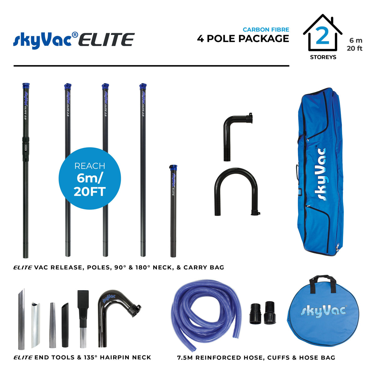 skyVac Elite Pole Package 50mm Carbon Fibre - Gutter Cleaning Vacuum Poles