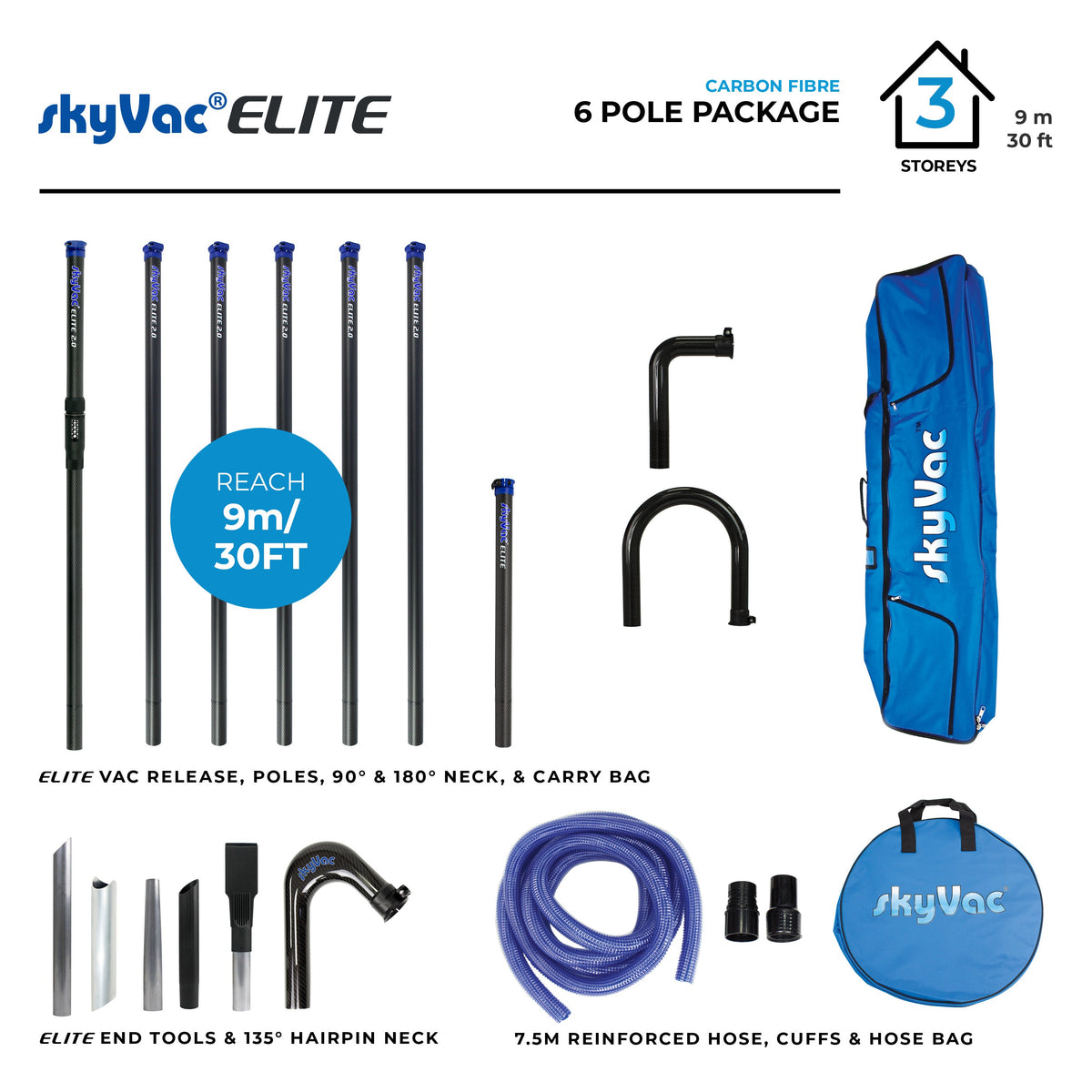 skyVac Elite Pole Package 50mm Carbon Fibre - Gutter Cleaning Vacuum Poles
