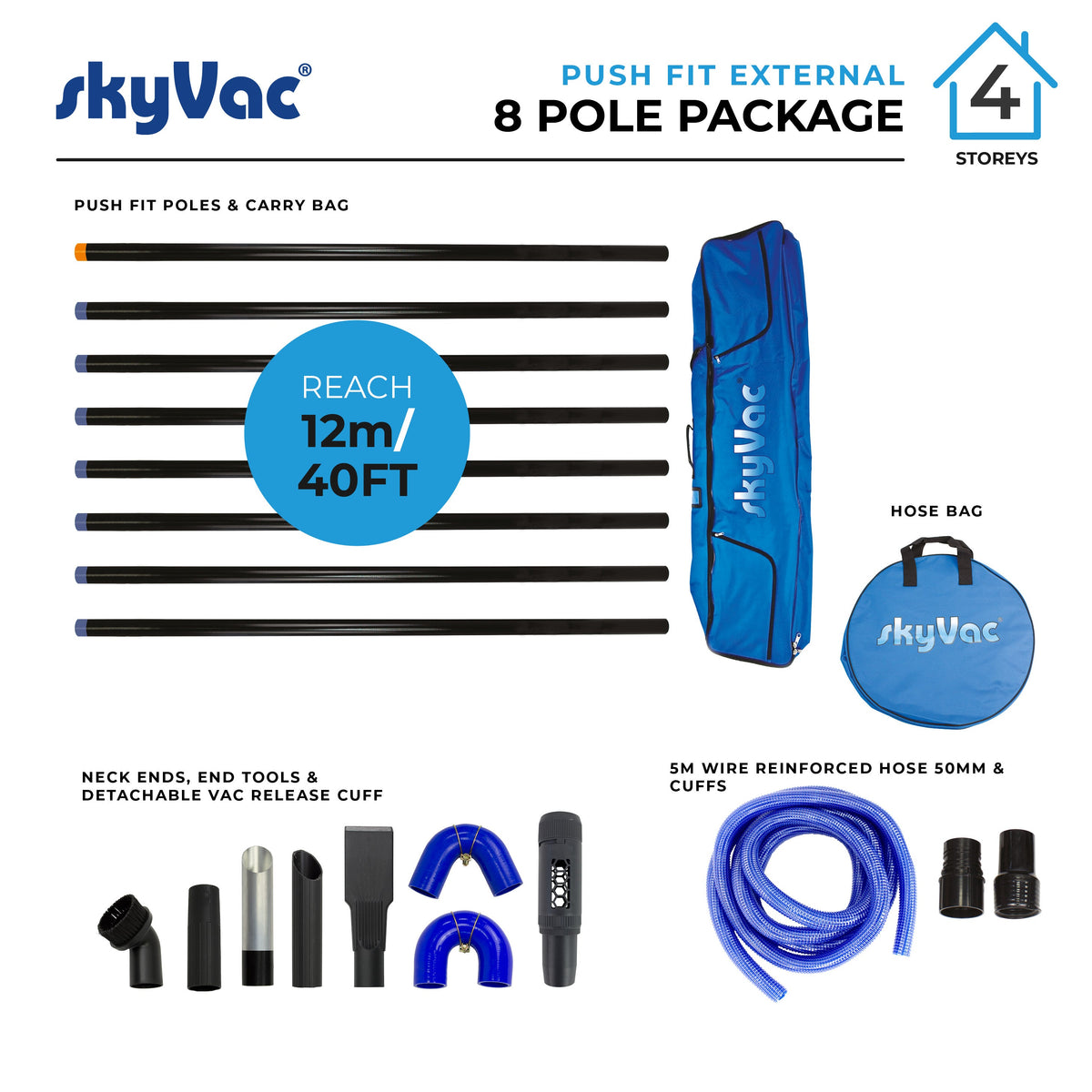 skyVac Standard Push Fit Pole Package 44mm - Gutter Cleaning Vacuum Pole System